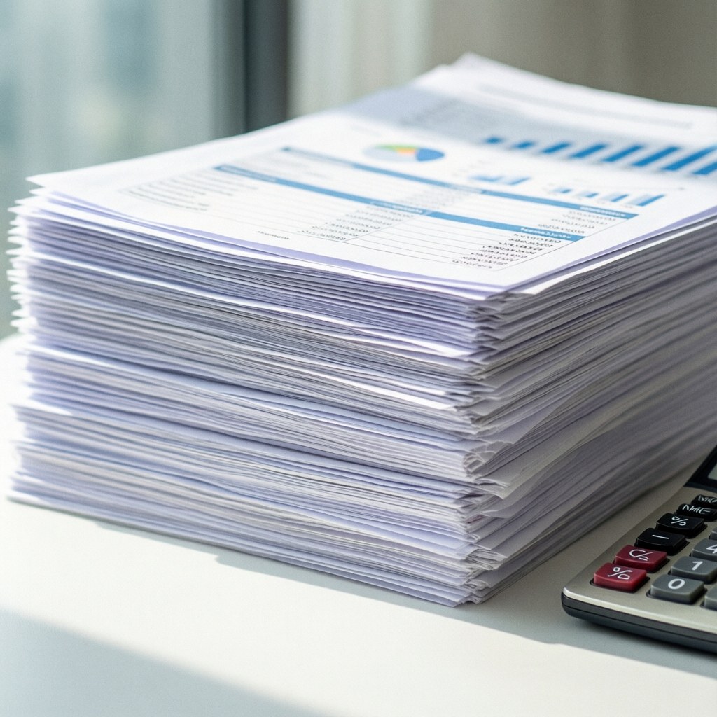A stack of accounting documents with charts and a calculator on a white table with natural lighting
