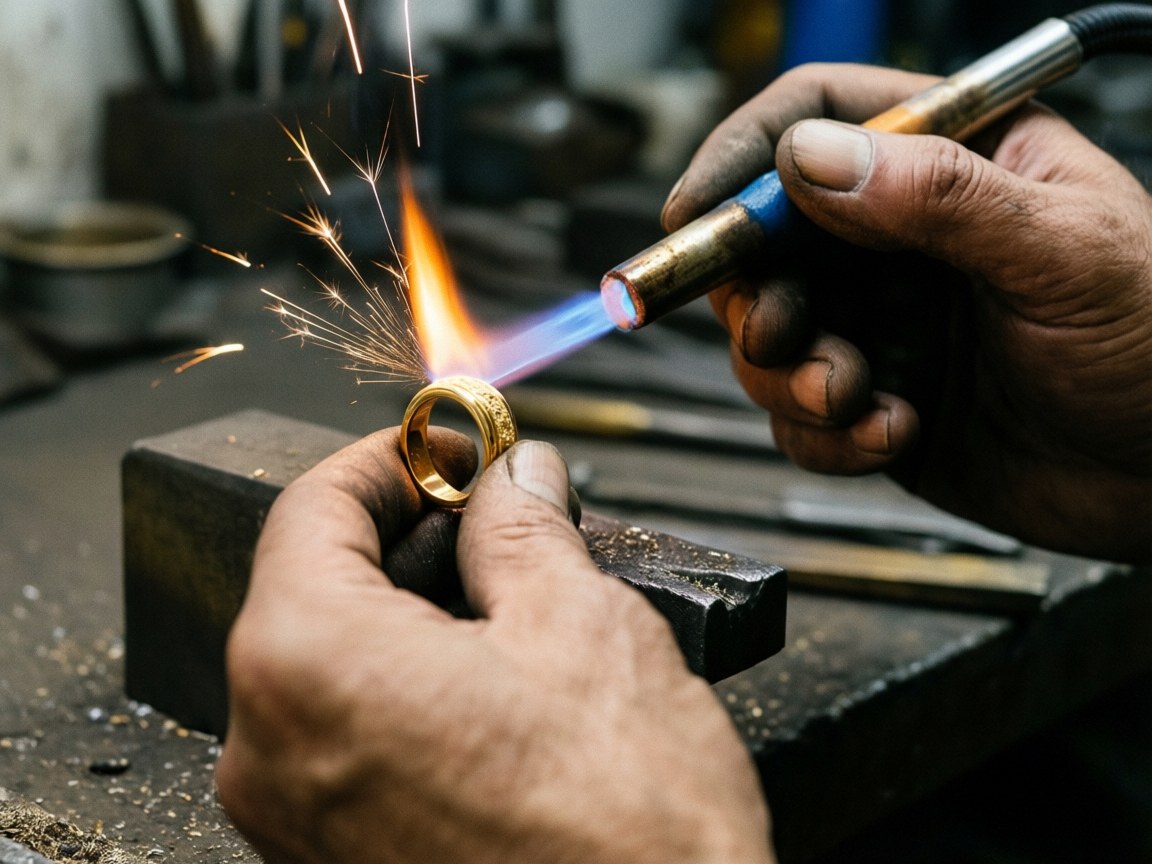 Close-up of a craftsman soldering a gold ring with sparks flying and tools visible in the background
