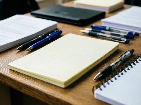 Yellow notebook and pens on a wooden desk with documents and folders in the background