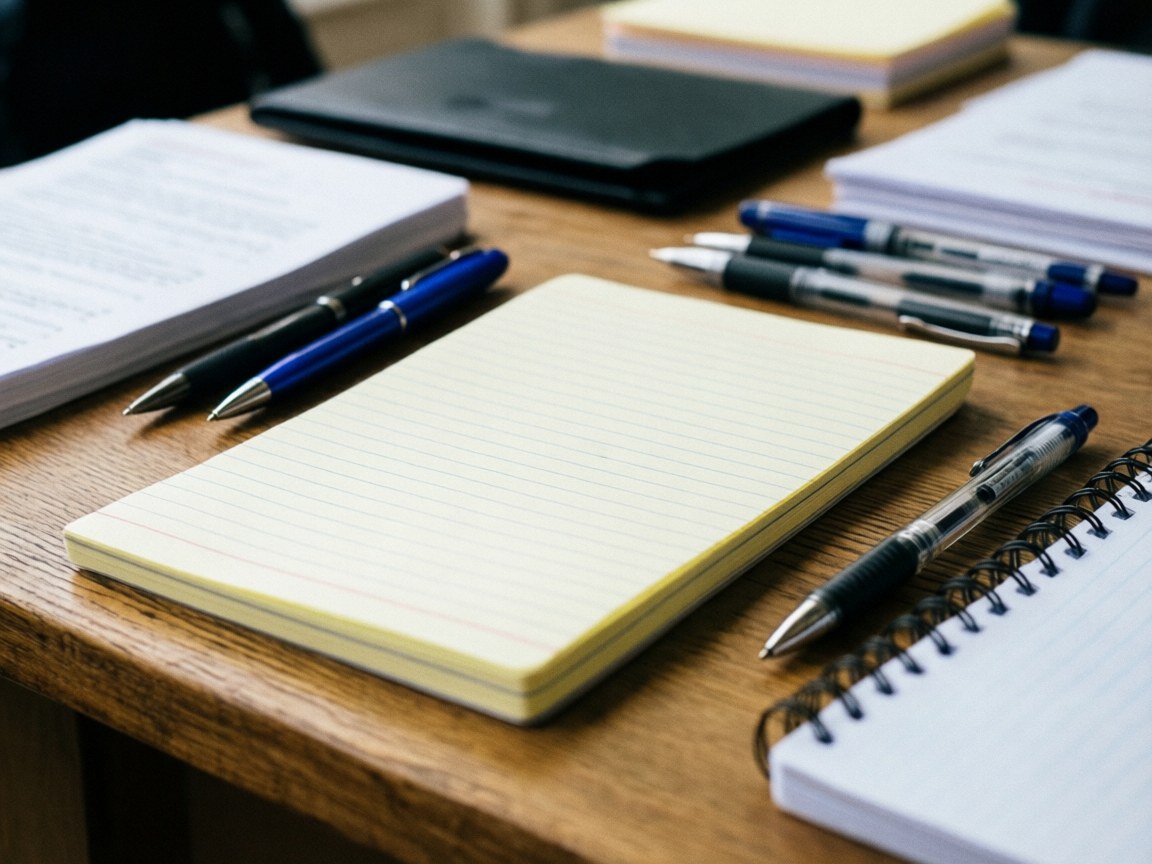 Yellow notebook and pens on a wooden desk with documents and folders in the background
