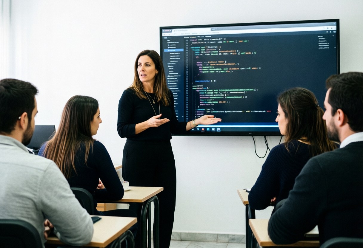 Female coding instructor teaching adults in a modern classroom with code visible on a large screen