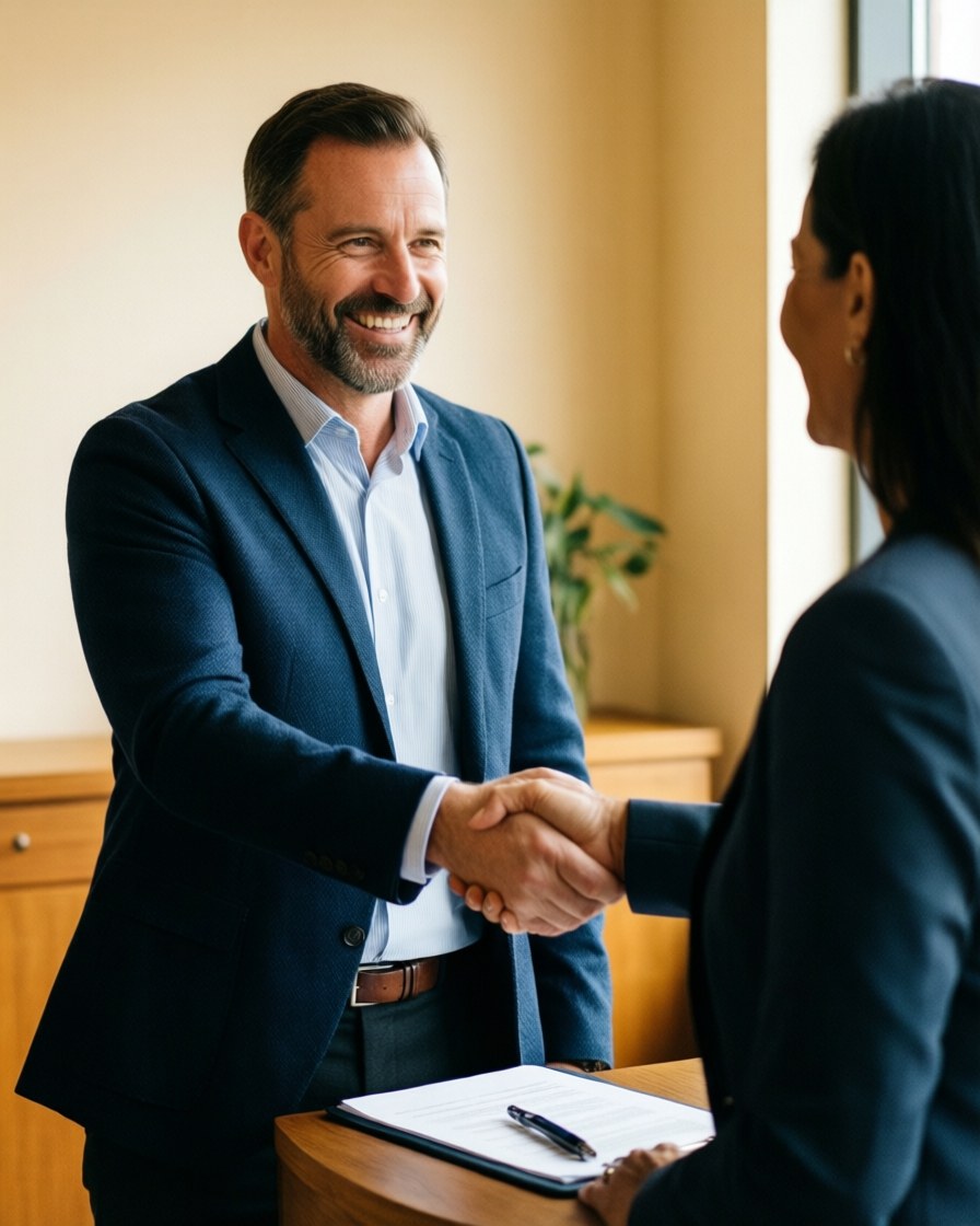 A smiling customer and supplier shake hands to celebrate a successful agreement in a warm professional setting.