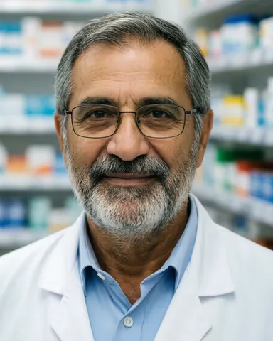 A mature bearded pharmacist wearing glasses smiles warmly while standing in a pharmacy with blurred medicine shelves in the background.