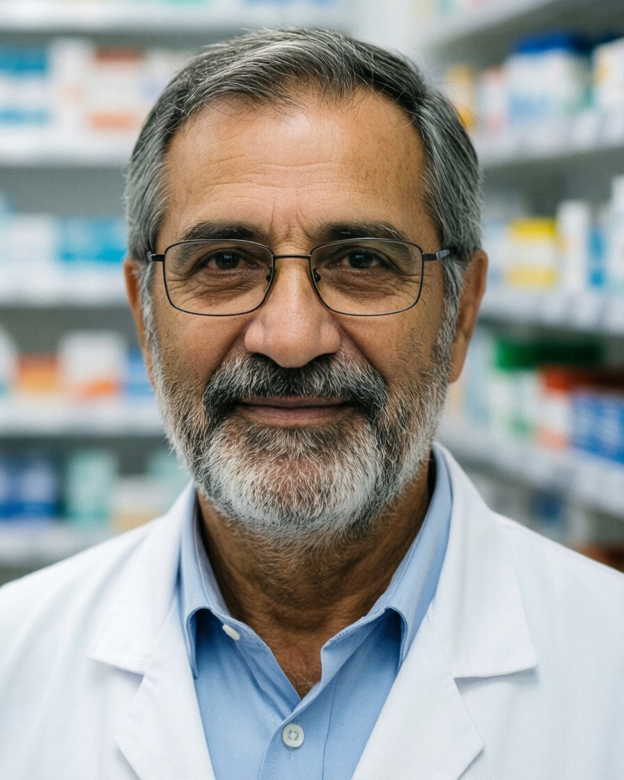 A mature bearded pharmacist wearing glasses smiles warmly while standing in a pharmacy with blurred medicine shelves in the background.
