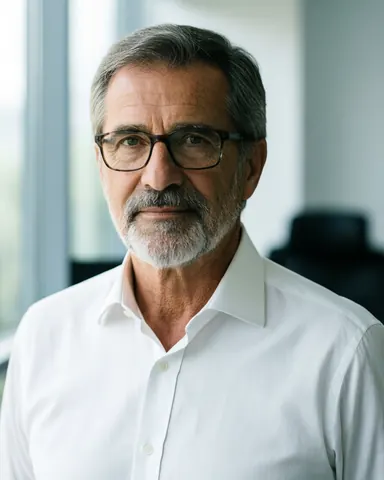 Professional office moving director wearing glasses and a white shirt, looking at the camera with a serious expression.