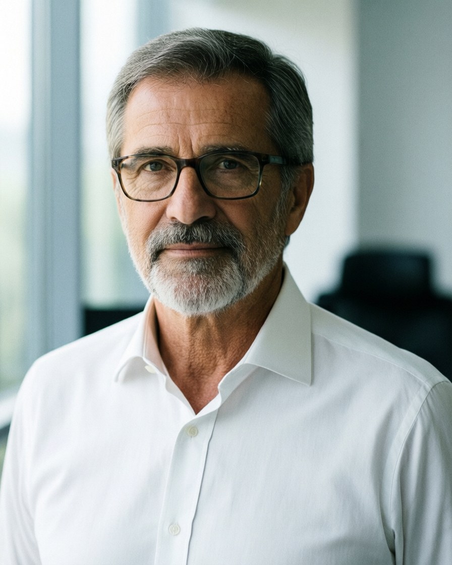 Professional office moving director wearing glasses and a white shirt, looking at the camera with a serious expression.