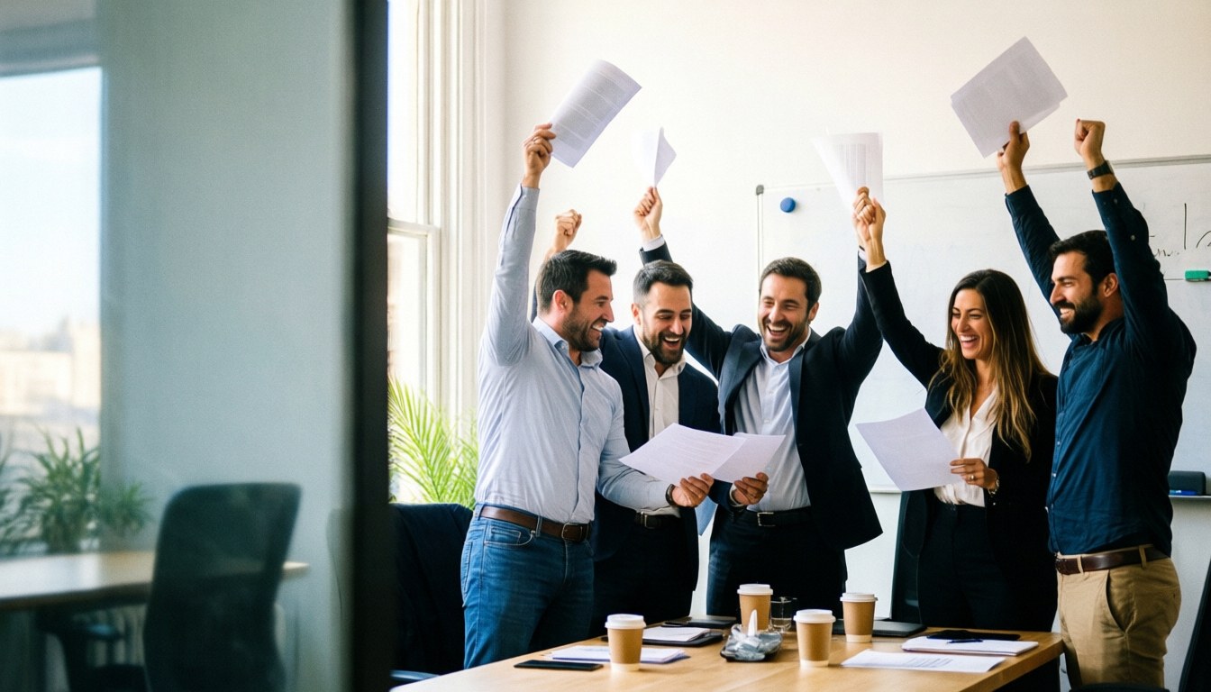 Sales team celebrating with documents in a modern office with coffee and whiteboard