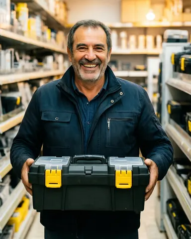 A smiling customer holds a new tool box inside a hardware store with product shelves visible in the background