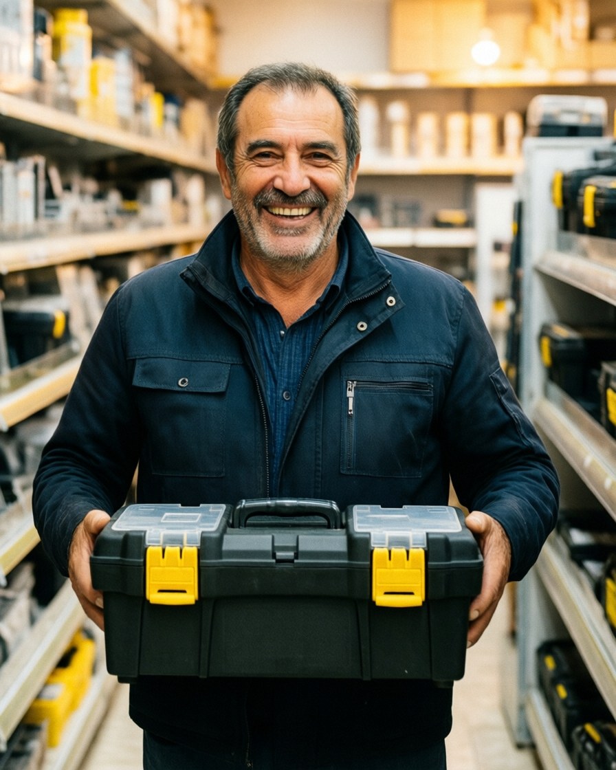 A smiling customer holds a new tool box inside a hardware store with product shelves visible in the background