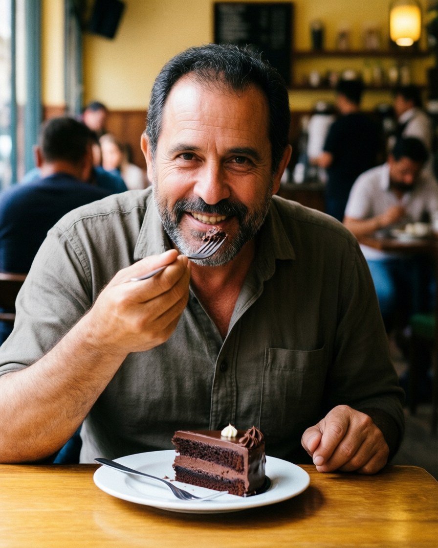 A smiling man enjoys a slice of chocolate cake in a cozy cafe with warm lighting