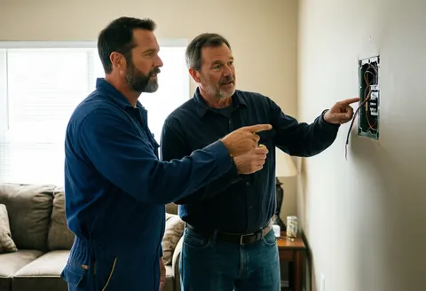 An electrician in uniform explains wall wiring options to a client in a living room while pointing at an electrical box.