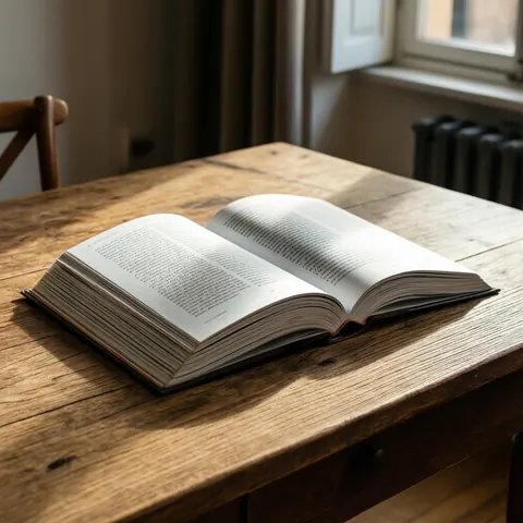 Open art book resting on a rustic wooden table illuminated by natural window light in a cozy space
