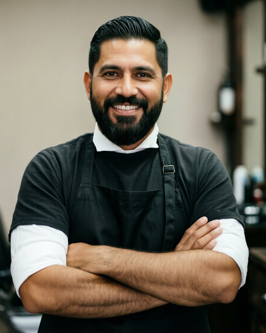 Smiling bearded barber wearing a black apron with arms crossed in his barbershop