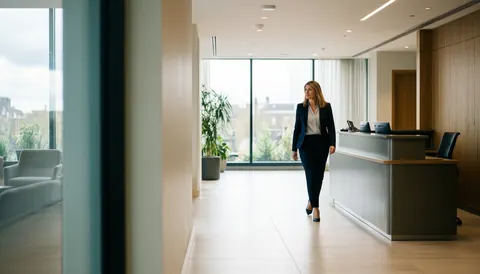 A businesswoman walks through a spacious modern reception with large windows, creating a professional and welcoming atmosphere.