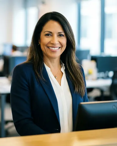 Smiling Latina receptionist wearing a blue blazer standing at a wooden desk in a modern coworking reception area
