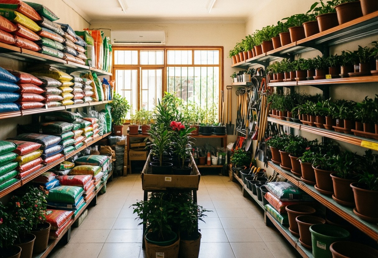 Interior view of a garden center featuring floor shelves stocked with pots, tools, and plants illuminated by natural window light
