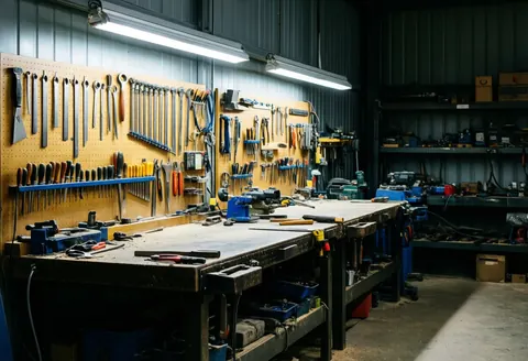 Clean industrial workshop featuring neatly hung tools, work tables, and bright LED lighting for an organized workspace