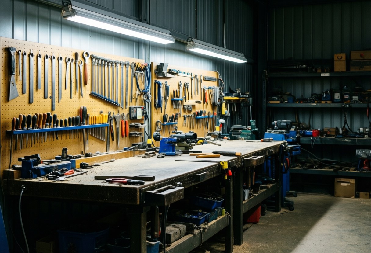 Clean industrial workshop featuring neatly hung tools, work tables, and bright LED lighting for an organized workspace