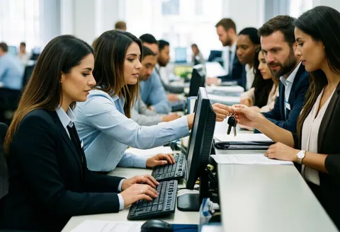 Two receptionists assist a client by handing over keys in a modern active office environment with one using a computer