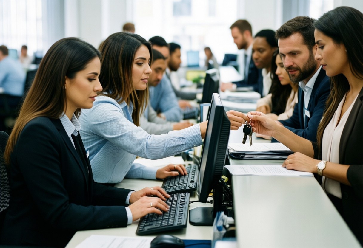 Two receptionists assist a client by handing over keys in a modern active office environment with one using a computer
