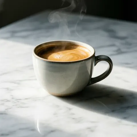 Steaming ceramic coffee cup placed on white marble with gray veins, soft lighting from the left side
