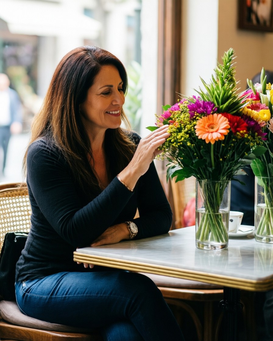 A smiling woman relaxes with a beautiful floral arrangement in a bright cafe with natural light
