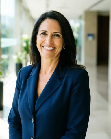 Smiling businesswoman in blue blazer walking through bright office hallway