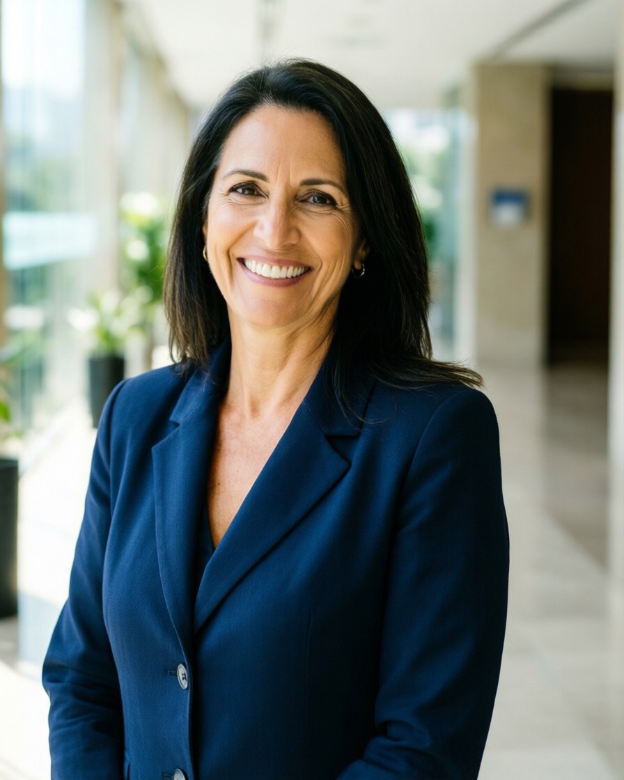 Smiling businesswoman in blue blazer walking through bright office hallway