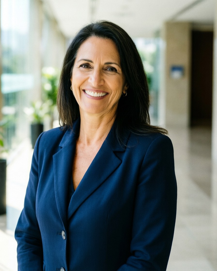 Smiling businesswoman in blue blazer walking through bright office hallway