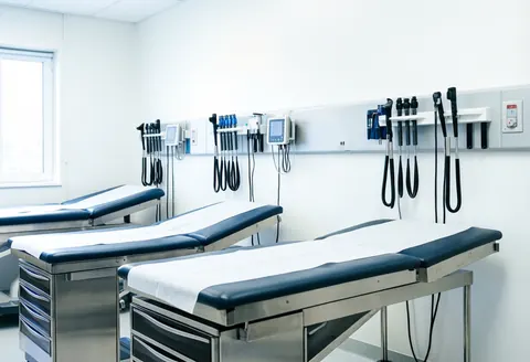 Sterile veterinary exam room featuring metal beds, white walls, and mounted medical equipment for professional care