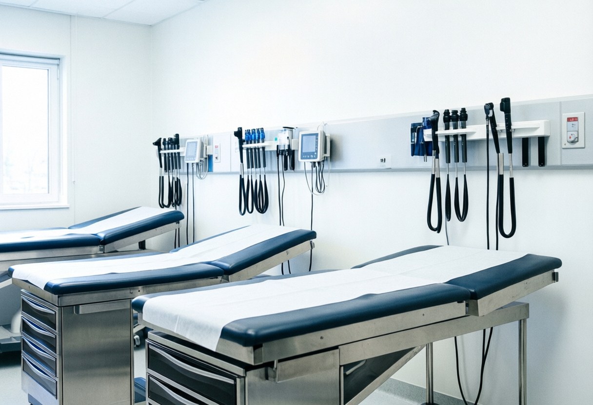 Sterile veterinary exam room featuring metal beds, white walls, and mounted medical equipment for professional care