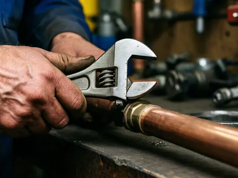 Close-up of a plumber's hand using a wrench to tighten a copper pipe in a workshop with blurred tools in the background