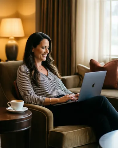 A happy woman using a laptop in a comfortable hotel armchair with coffee and warm lighting, suitable for travel agencies.