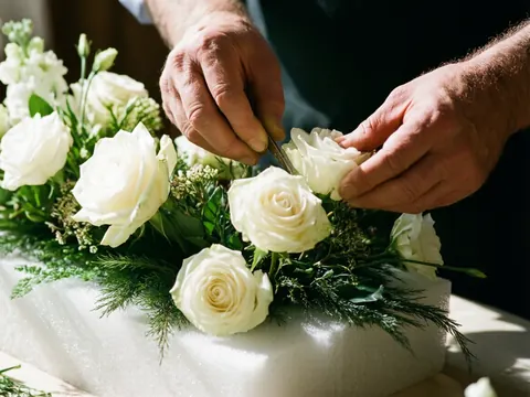 Close-up of a florist's hands placing white roses and green foliage onto floral foam for event decoration