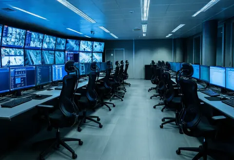 Security surveillance room featuring multiple monitors and ergonomic chairs with cool blue lighting and a professional technological atmosphere