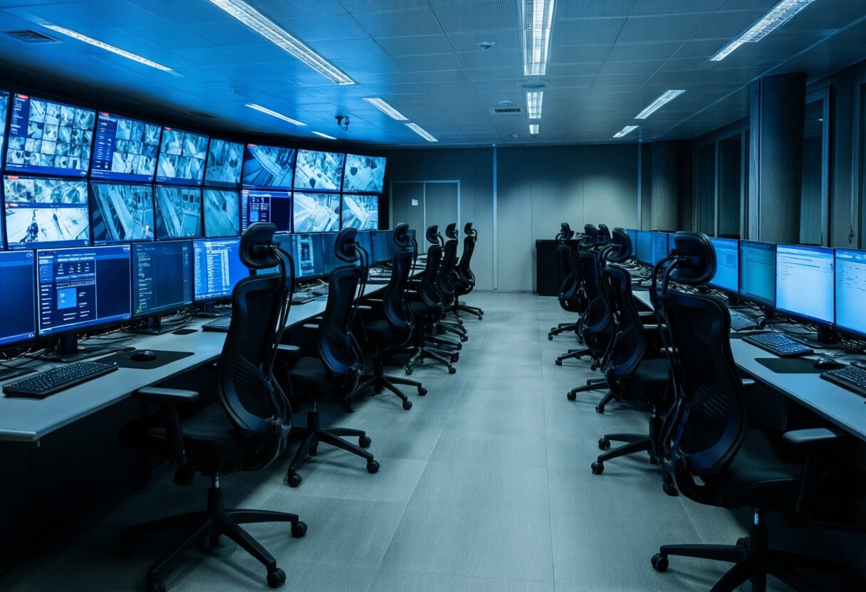 Security surveillance room featuring multiple monitors and ergonomic chairs with cool blue lighting and a professional technological atmosphere