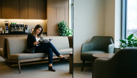 Young woman relaxing on a sofa while reading a magazine in a stylish waiting area with plants and soft lighting