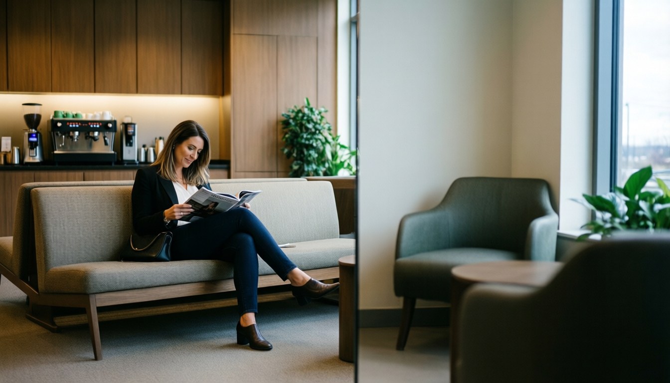 Young woman relaxing on a sofa while reading a magazine in a stylish waiting area with plants and soft lighting