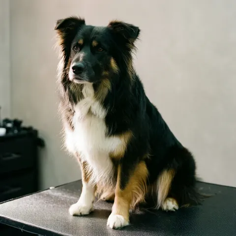 Clean and shiny coated Australian Shepherd dog sitting on a professional grooming table with a neutral background