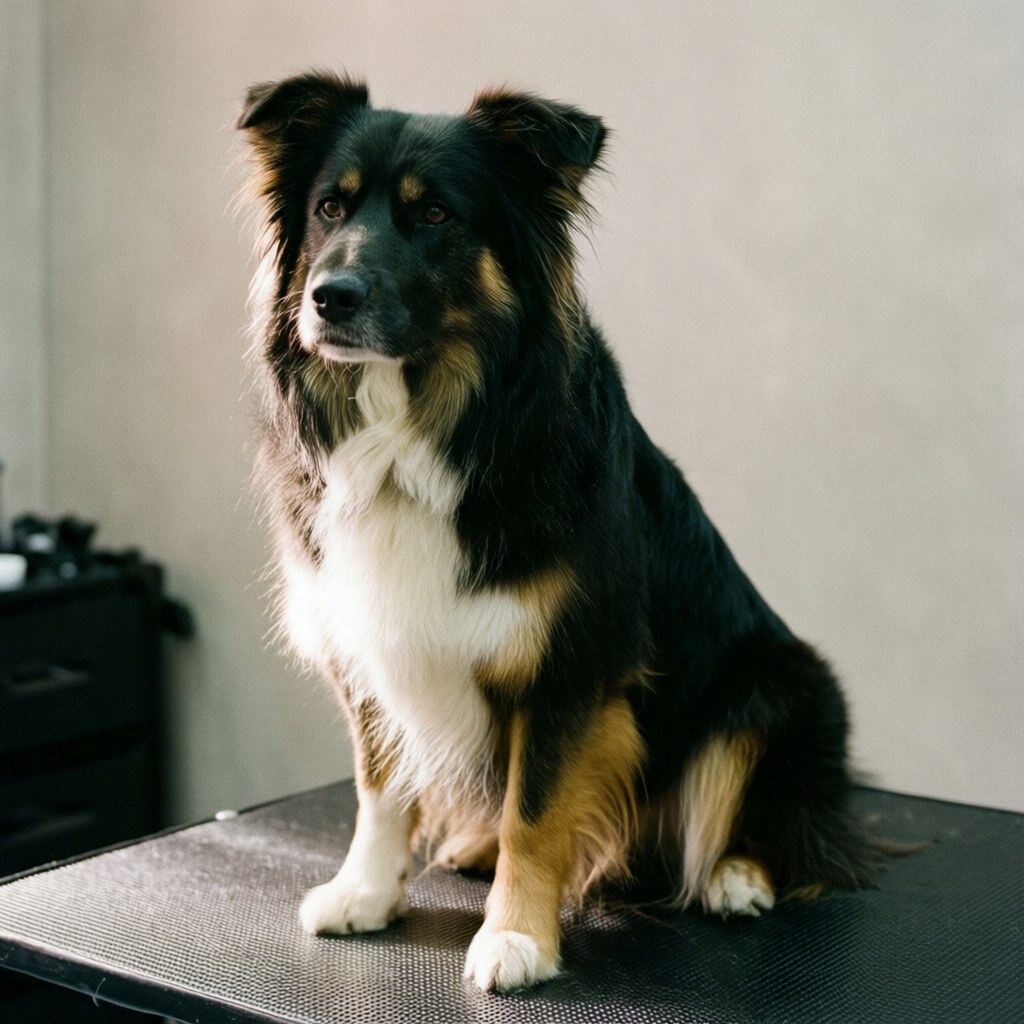 Clean and shiny coated Australian Shepherd dog sitting on a professional grooming table with a neutral background