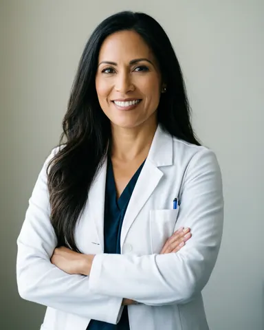 Confident Latina nutritionist wearing a white coat with arms crossed, smiling in a neutral office setting.