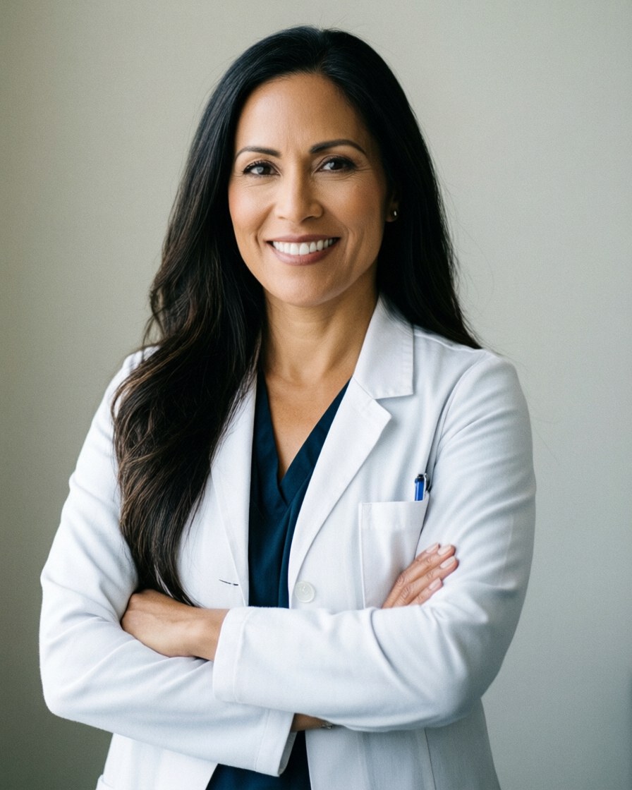 Confident Latina nutritionist wearing a white coat with arms crossed, smiling in a neutral office setting.