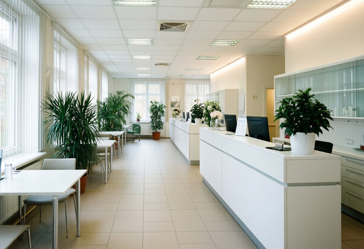 Modern dental reception featuring white tables, green plants, and natural light in a clean professional environment