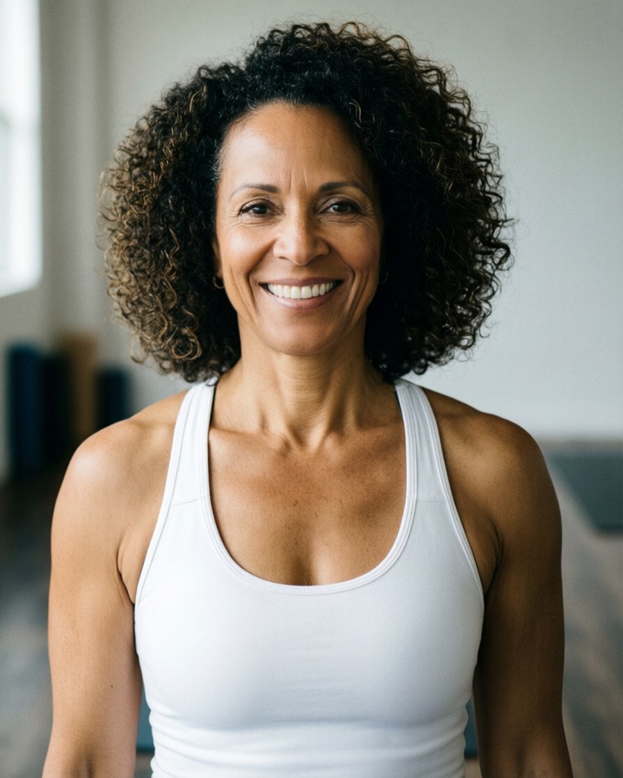 Smiling yoga instructor with curly hair and white top in studio with soft natural light