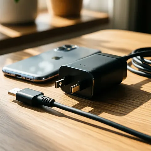 Close-up of a phone charger and USB cable resting on a wooden desk with natural lighting and blurred background