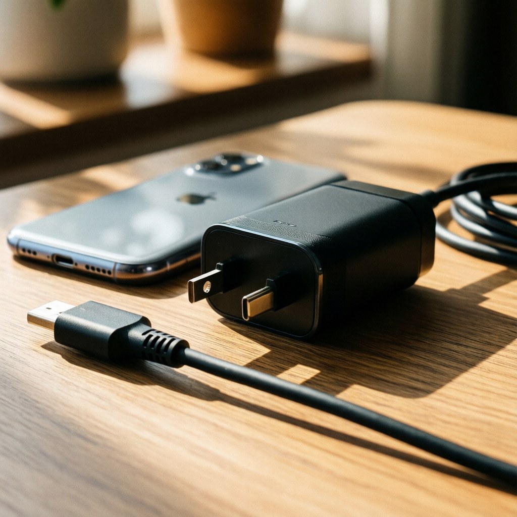 Close-up of a phone charger and USB cable resting on a wooden desk with natural lighting and blurred background