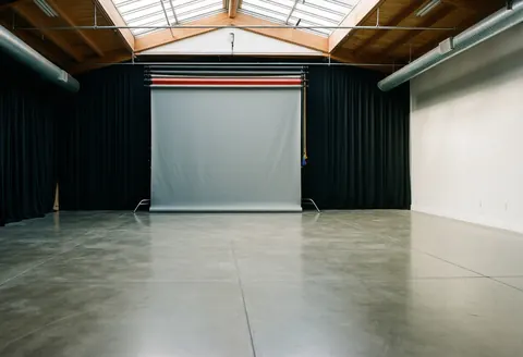 Empty photography studio featuring a polished floor and gray backdrop, ready for professional photo sessions.
