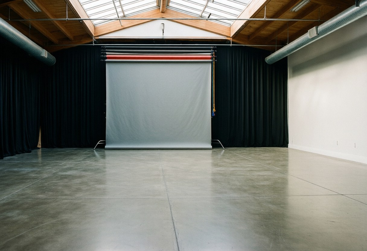 Empty photography studio featuring a polished floor and gray backdrop, ready for professional photo sessions.