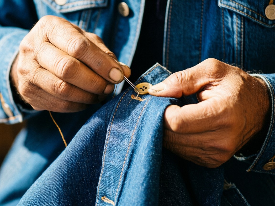 Close-up of hands sewing a button onto a denim jacket using yellow thread in a sewing workshop setting