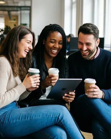 A diverse group of young adults laughing together while looking at a tablet screen in a modern workspace, each holding a coffee cup